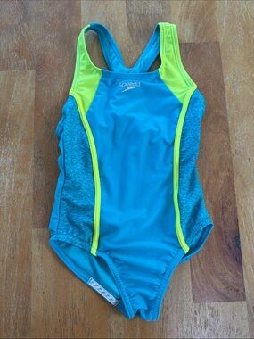 Speedo Turquoise & Neon Yellow Racerback One-Piece Swimsuit Girls Small 7/8